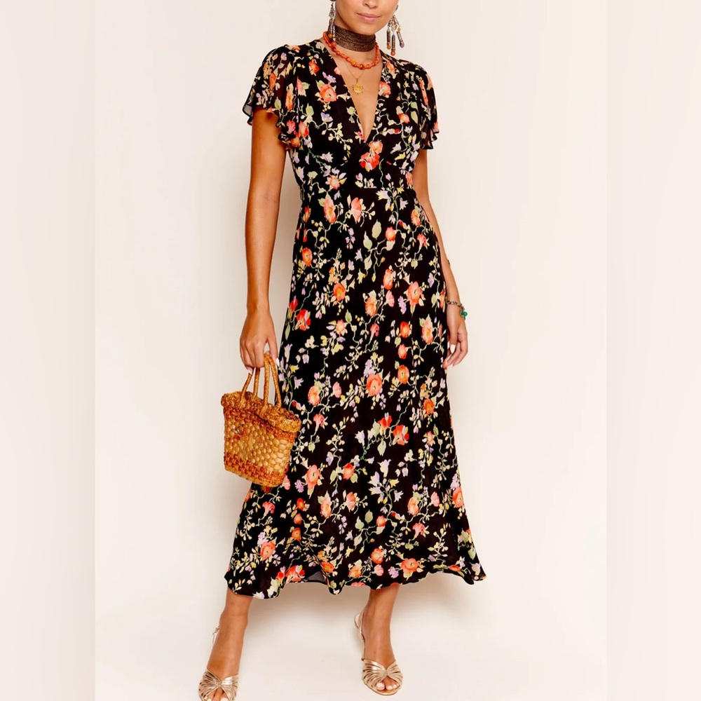 Rixo Florida Midi Dress in US Size 8 Waterblossom Noir
